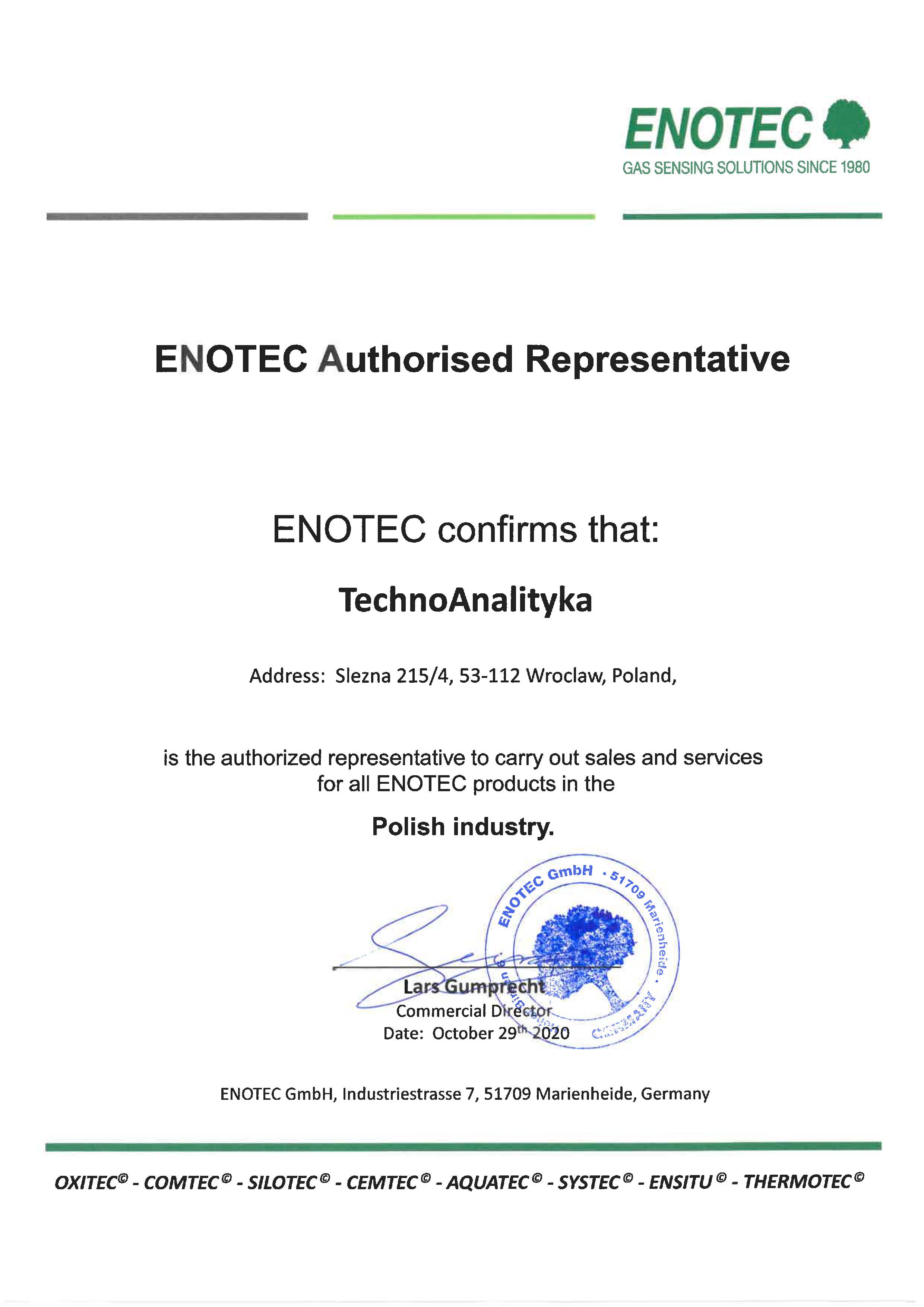 Skan certyfikatu polecającego firmę Technoanalityka jako autoryzowanego przedstawiciela firmy ENOTEC w zakresie sprzedaży i serwisu produktów